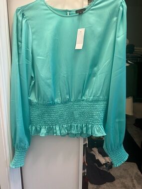 Ann Taylor Mint Green Aqua Smocked-Waist Long Sleeve Blouse